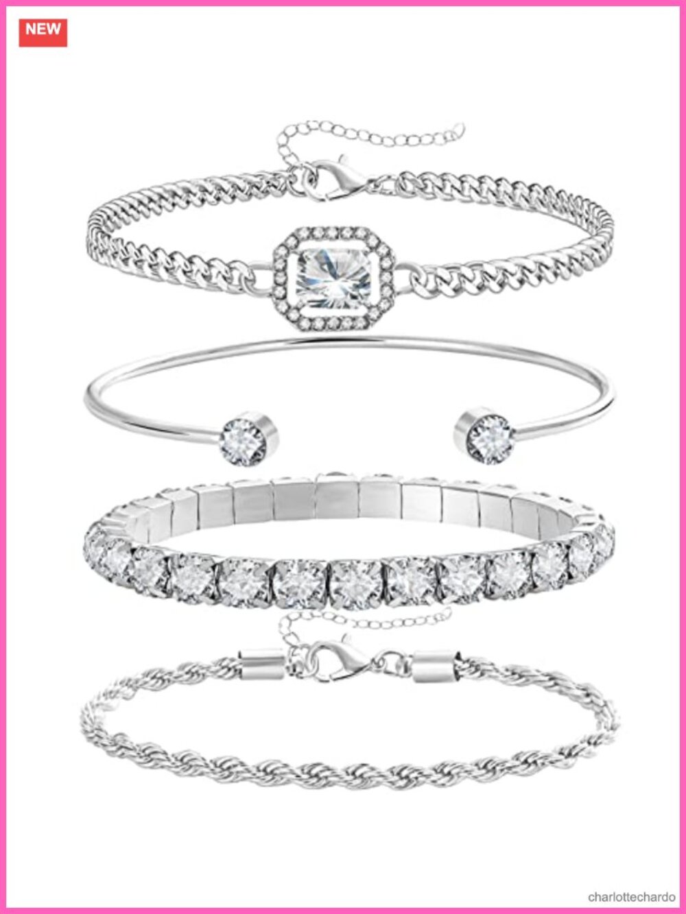 4 Pcs Dainty Silver Bracelet Set with CZ Stones - 14K Plated Link Charm